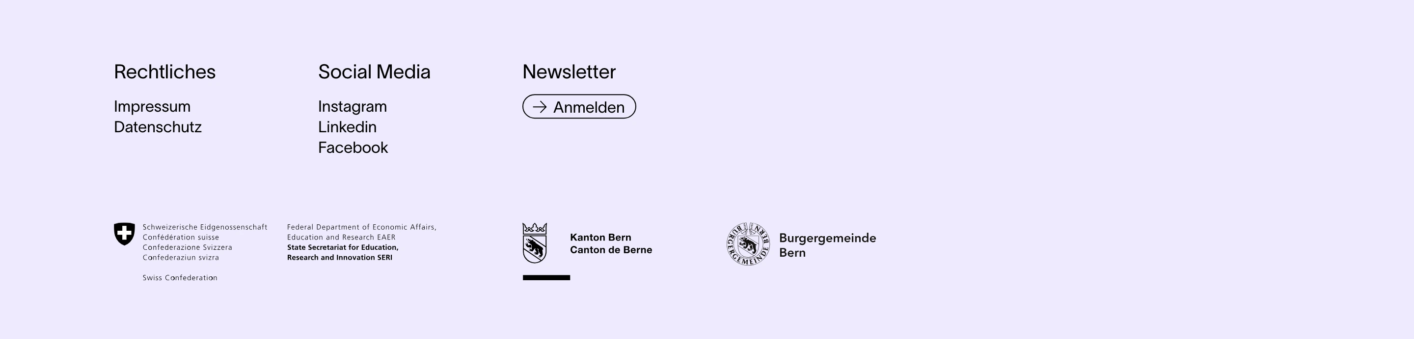 A quiet, structured Swiss footer set on soft lilac with refined grotesque typography and understated institutional logos.