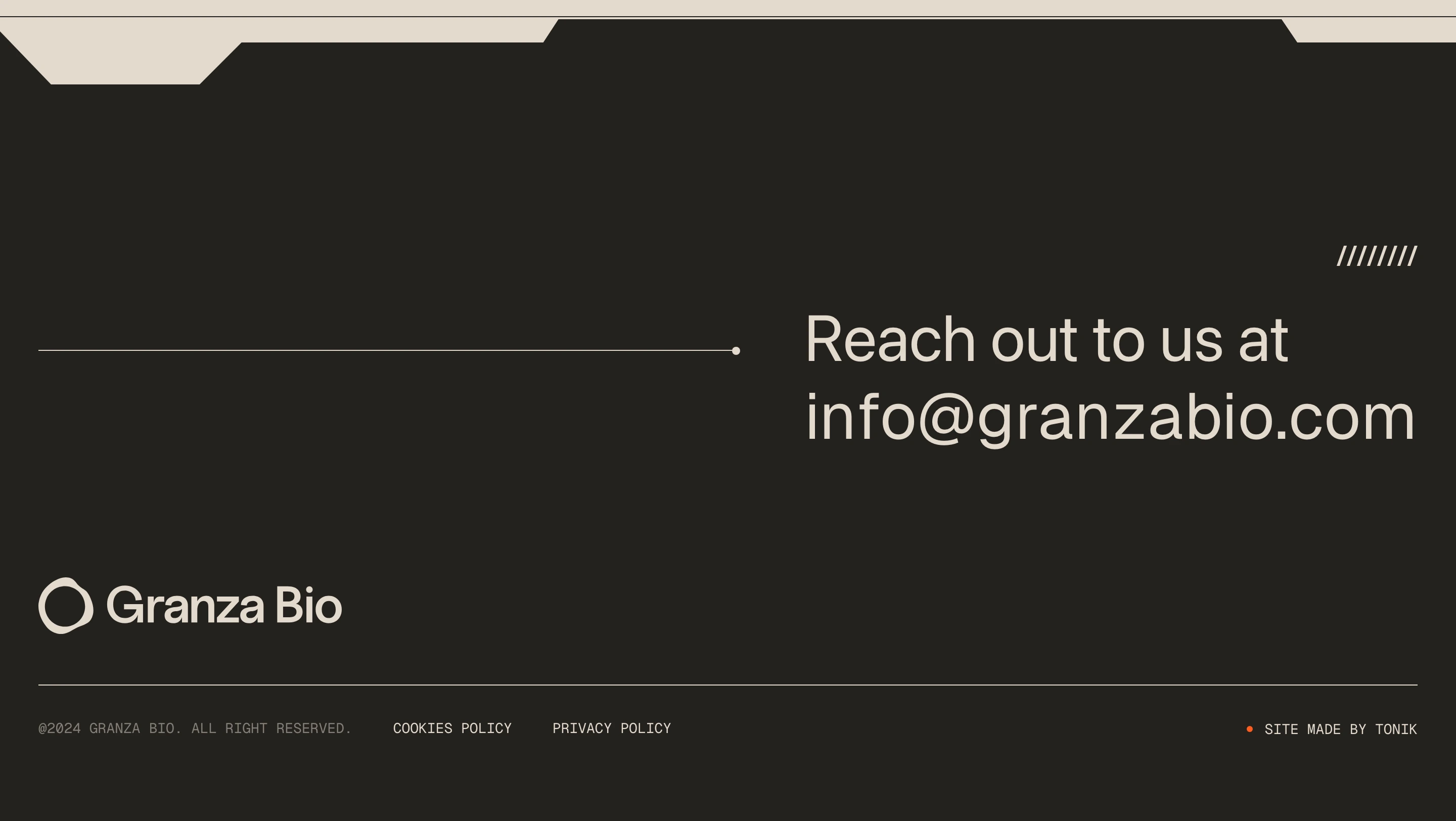 A technical dark-mode footer blending sci-fi chamfered framing with stark monospace metadata and a bold contact headline.