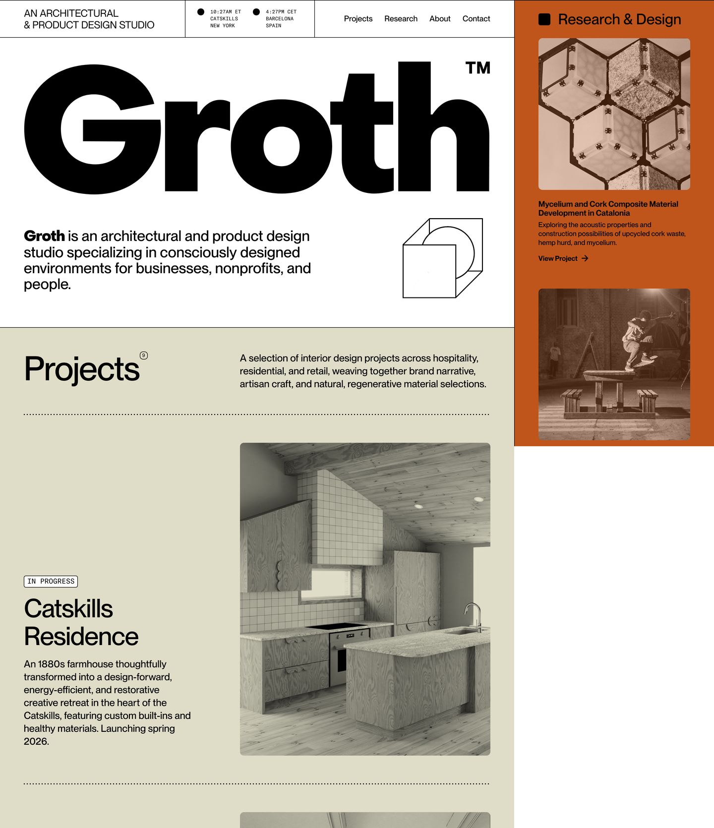 Precision-engineered Swiss architectural studio layout featuring massive grotesque branding, technical wireframe accents, and a distinct terracotta research sidebar.