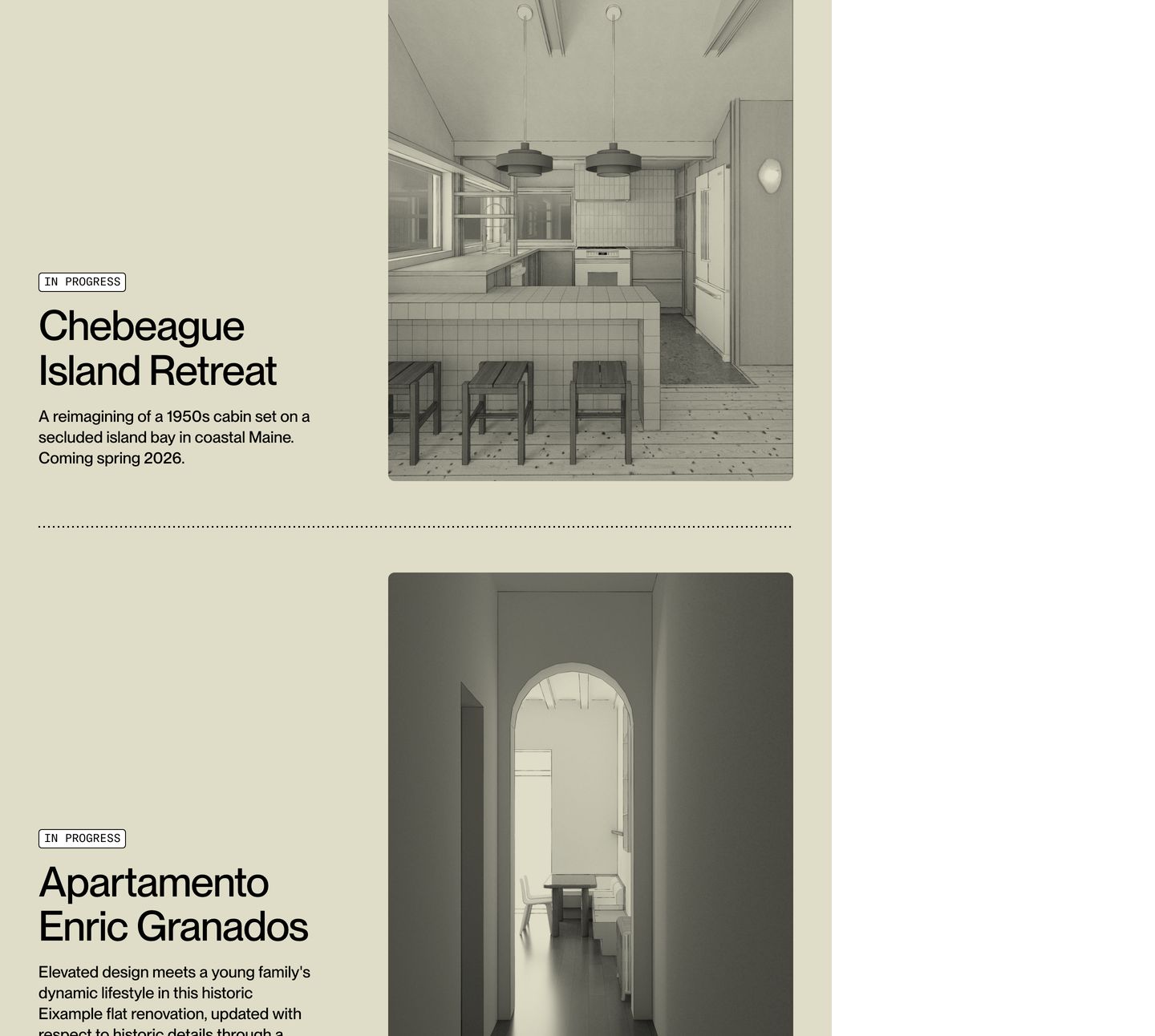 Refined architectural portfolio feed pairing monochrome interior renders with quiet, precise modernist typography on a warm stone backdrop.