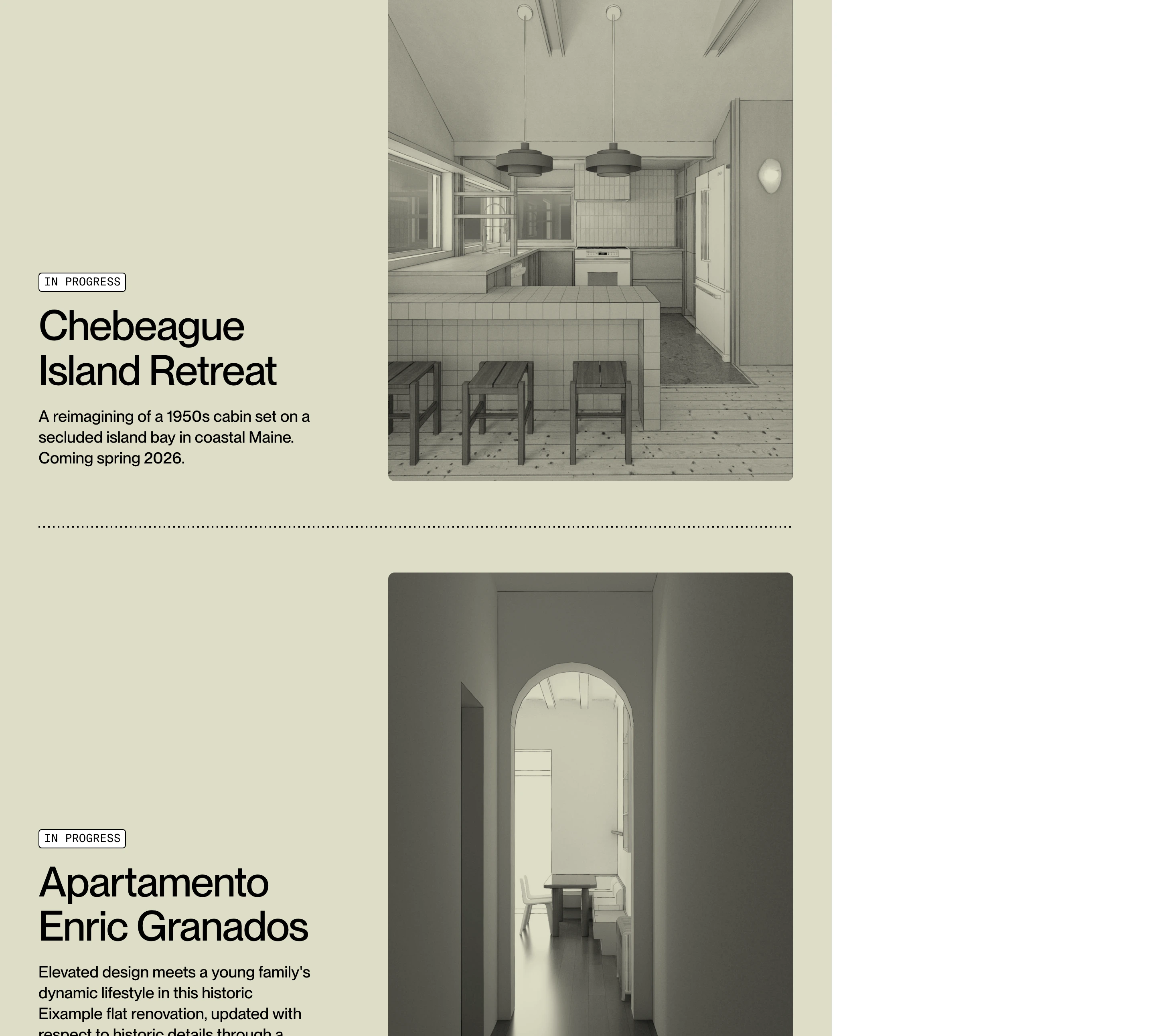 Refined architectural portfolio feed pairing monochrome interior renders with quiet, precise modernist typography on a warm stone backdrop.