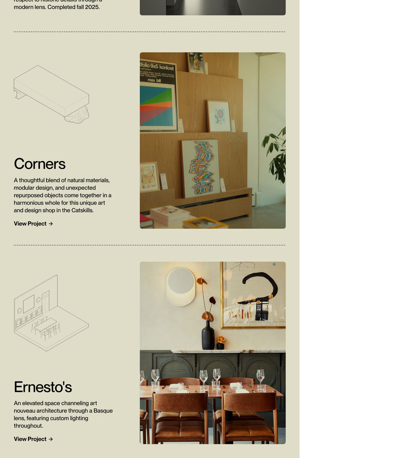 Calm, warm editorial portfolio showcase pairing architectural photographs with delicate isometric wireframe drawings on an earthy canvas.