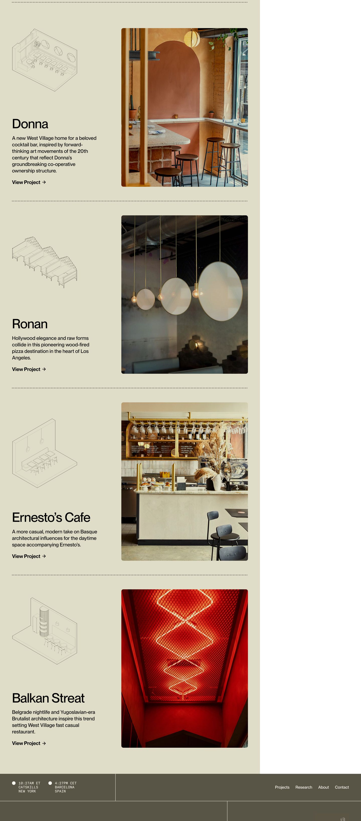 A deliberate architectural portfolio pairing minimal axonometric wireframes with rich interior photography across calm, dotted-rule sections.