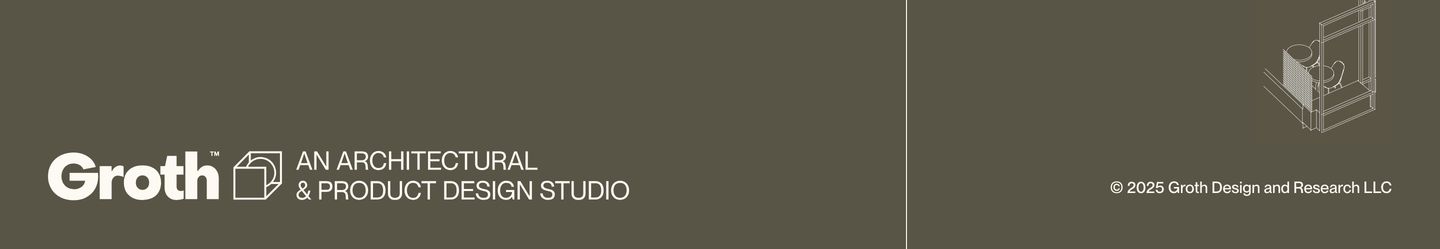 Quiet and architecturally disciplined footer in muted olive tones with crisp white typography and a subtle isometric line drawing.