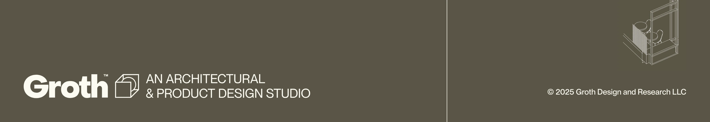 Quiet and architecturally disciplined footer in muted olive tones with crisp white typography and a subtle isometric line drawing.