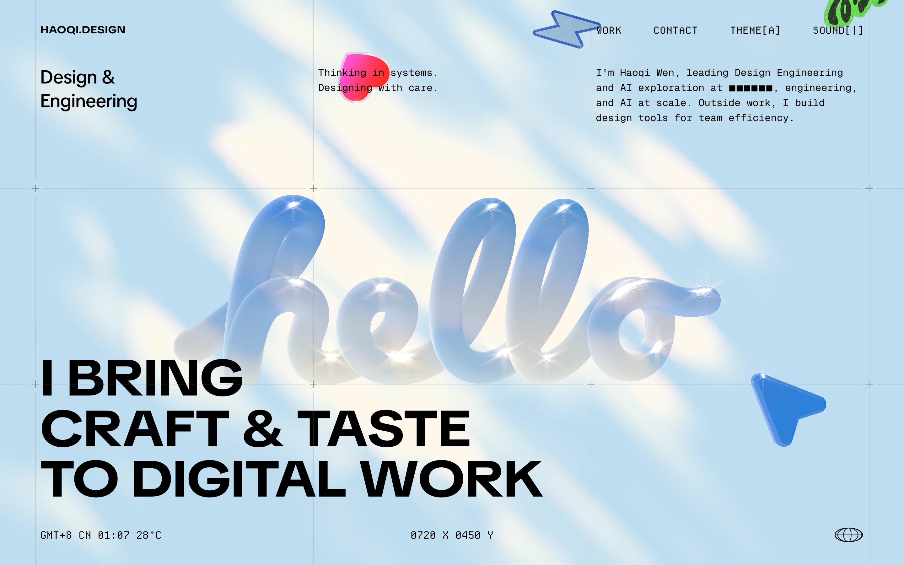 Luminous sky-blue composition blending playful 3D inflatable typography with precise technical grid markings and crisp monospace metadata.