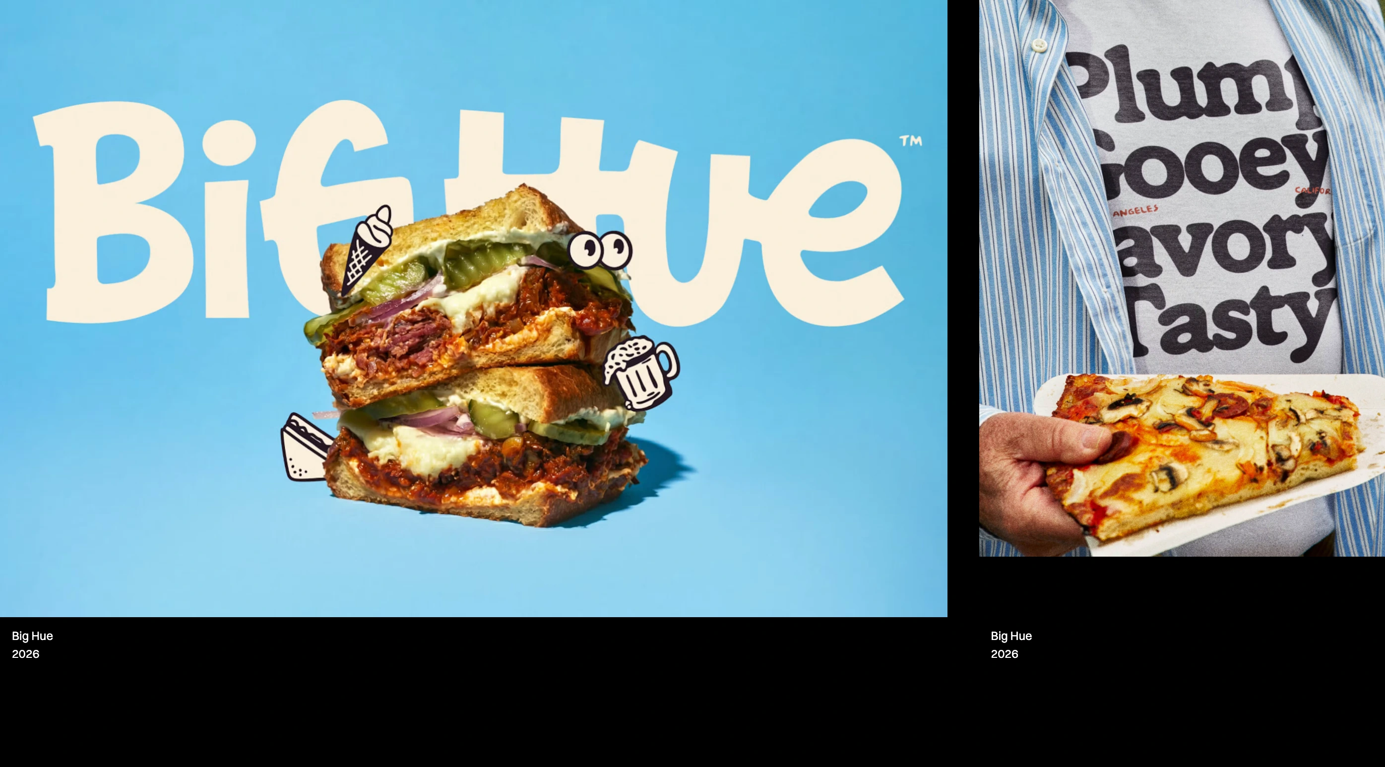 Vibrant and punchy food branding imagery pops dramatically against a stark, pitch-black gallery canvas.