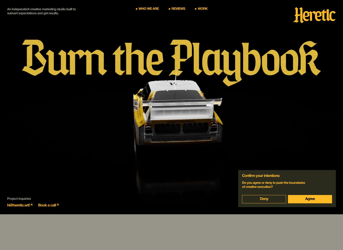 A menacing dark hero featuring bold gothic typography and a central sports car emerging from deep shadow, framed by sharp amber accents.