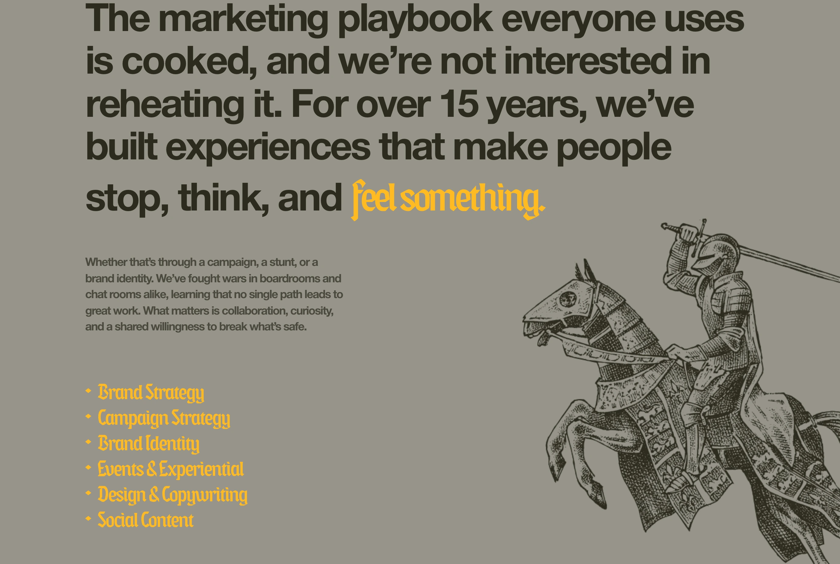 Bold, rebellious agency manifesto featuring earthy tones, striking blackletter accents, and a detailed medieval knight illustration.