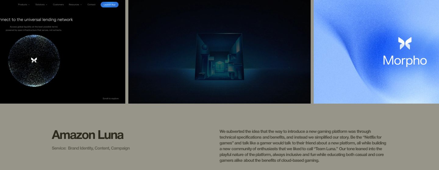 Muted editorial case study pairing a dark horizontal media showcase with two columns of understated project details.