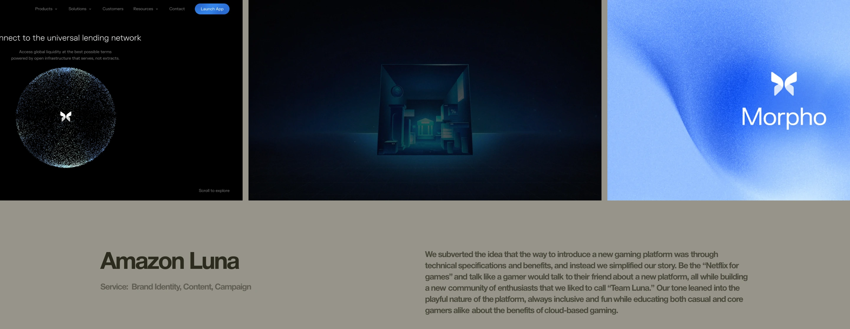 Muted editorial case study pairing a dark horizontal media showcase with two columns of understated project details.