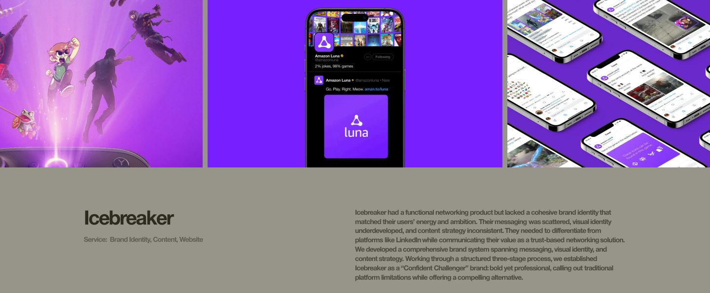 A muted split-column case study summary grounded beneath a vibrant purple mobile media showcase.