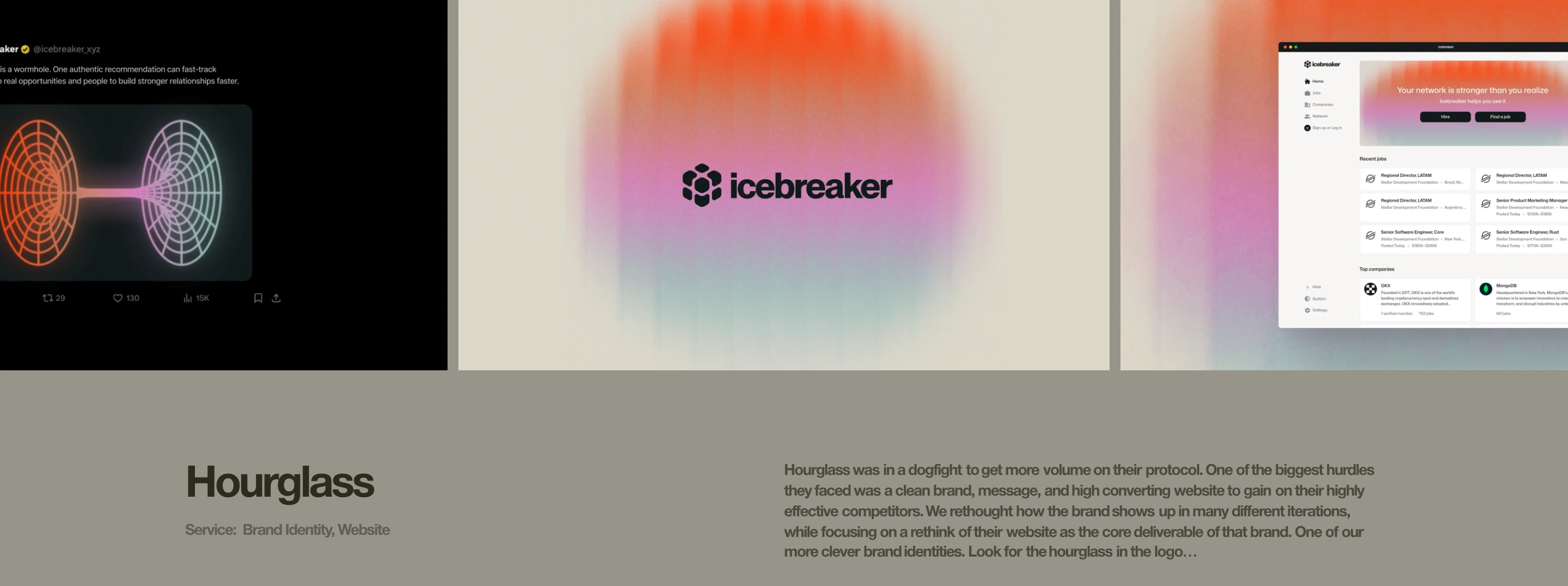 Subdued studio portfolio section pairing a muted olive background and tight sans-serif copy with a carousel of glowing brand visuals.