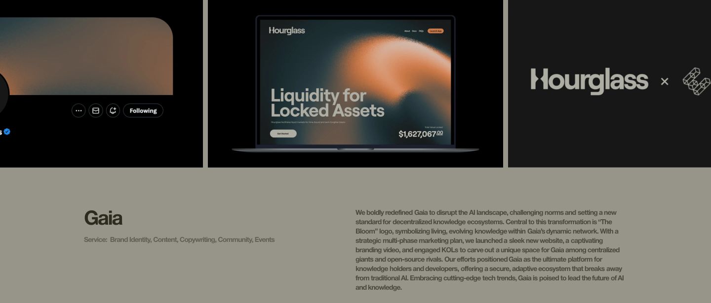 Restrained case study module pairing dark UI laptop mockups above a muted olive panel of editorial narrative copy.