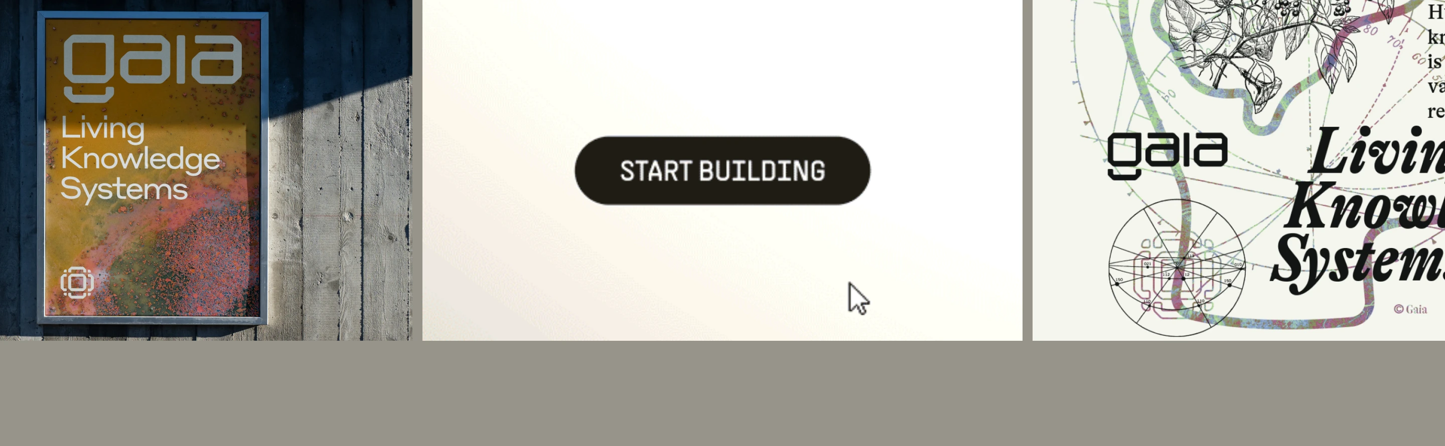 A quiet, gallery-like call-to-action featuring framed poster artwork flanking a dark pill button.