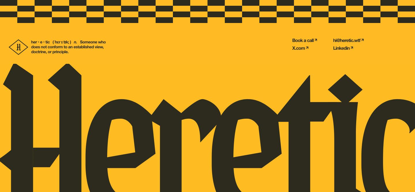 Punchy high-contrast yellow footer dominated by massive blackletter typography and checkered framing.