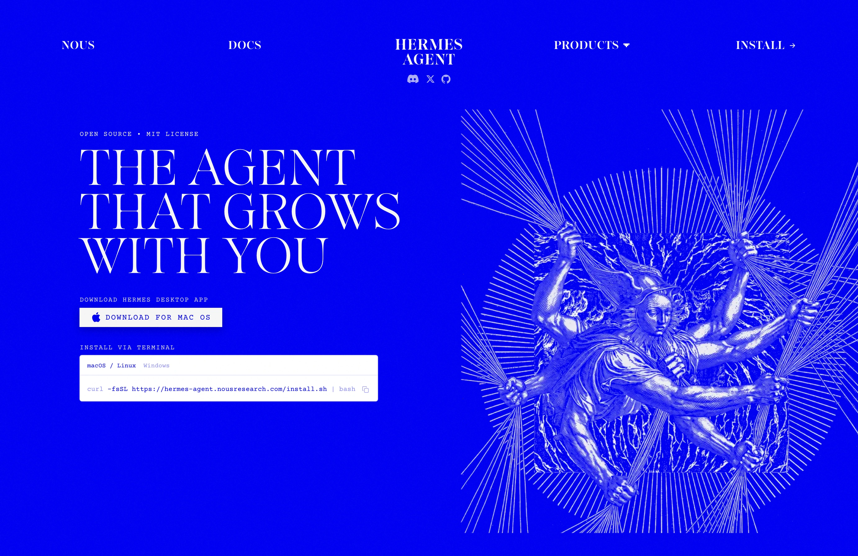 Electric cobalt blue hero contrasting refined classical mythology engravings against sharp, uppercase serif and monospace typography.