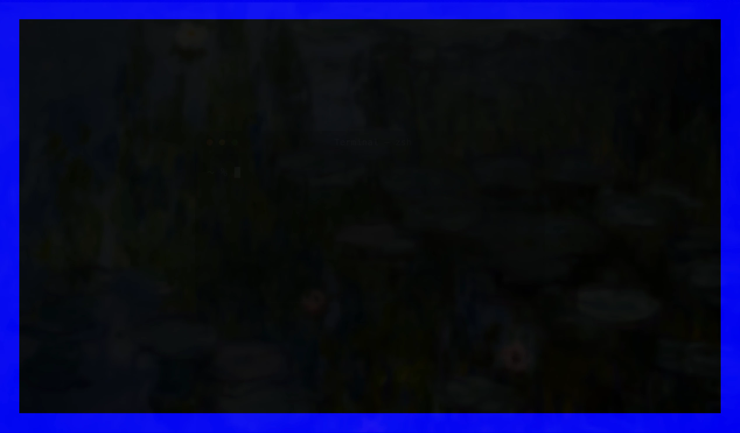 A deeply atmospheric, shadowed full-frame video framed by a vivid electric cobalt border.