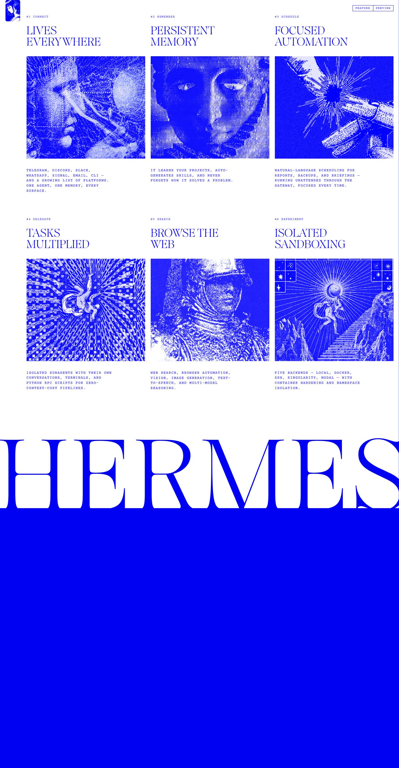 A striking monochromatic grid pairing dithered classical artwork and crisp serif typography with an oversized statement brand marquee.