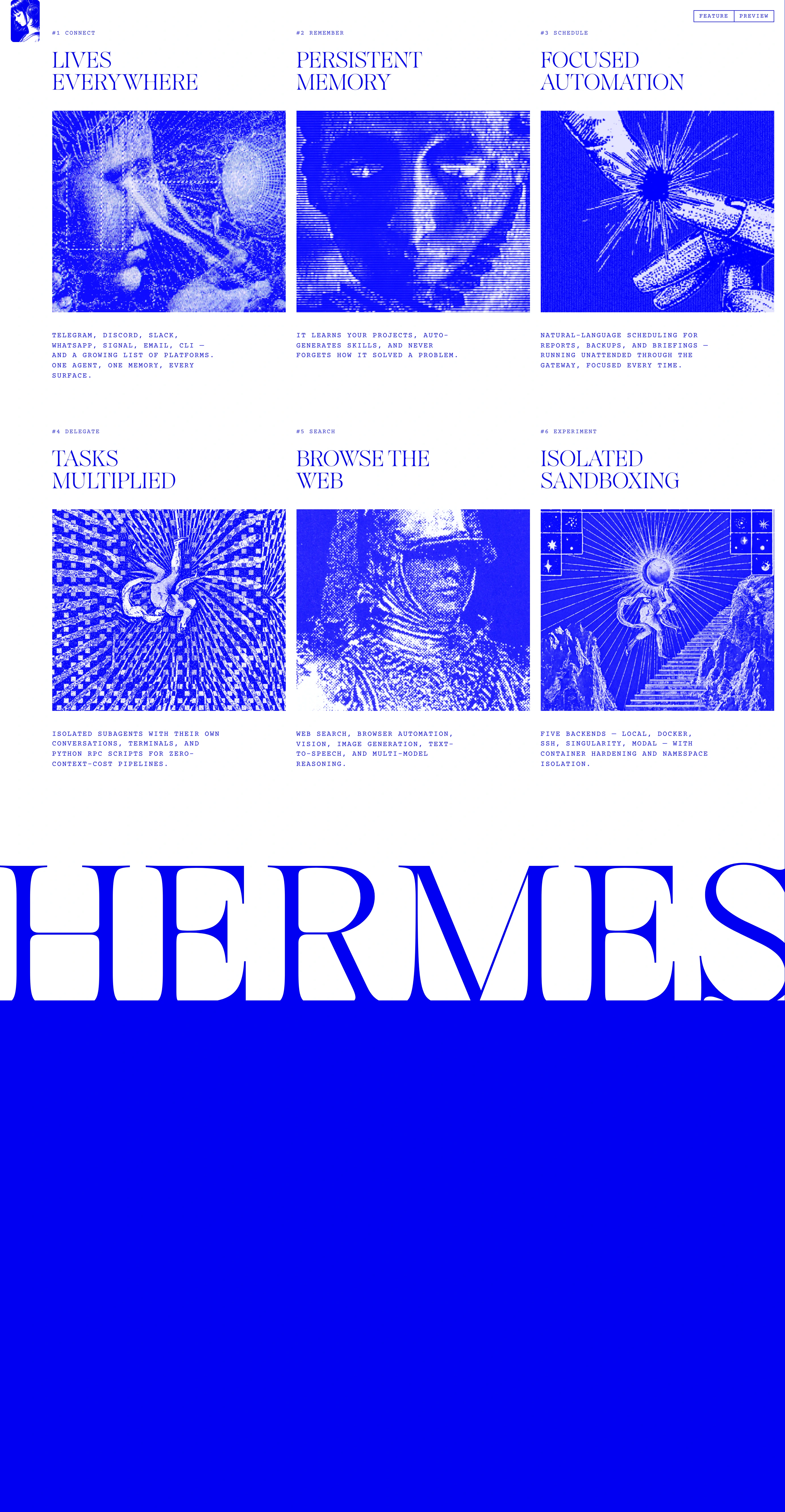 A striking monochromatic grid pairing dithered classical artwork and crisp serif typography with an oversized statement brand marquee.