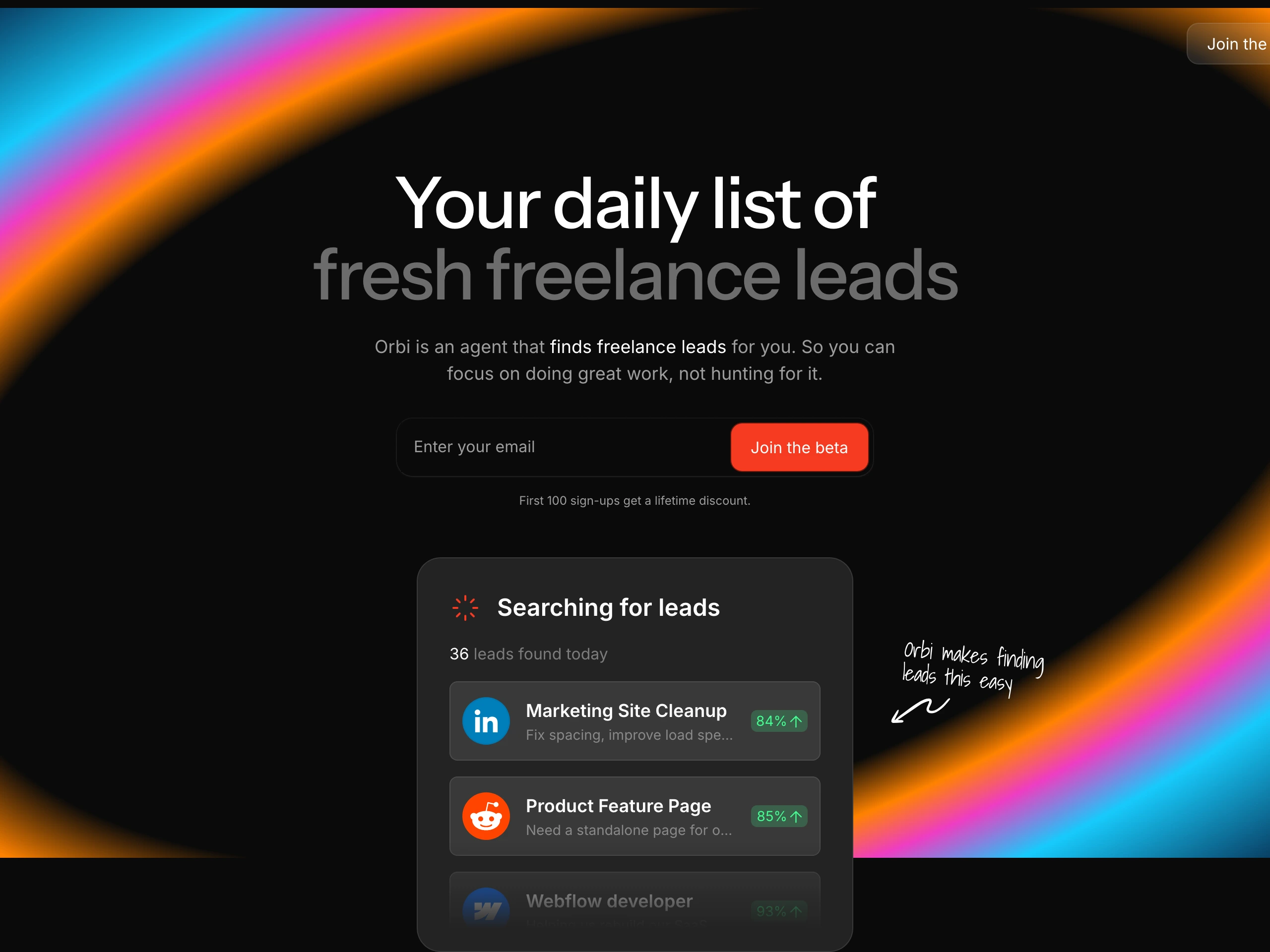 Deep dark AI SaaS hero illuminated by sweeping vivid iridescent gradient bands, featuring a centered signup form and floating lead-finder UI card.