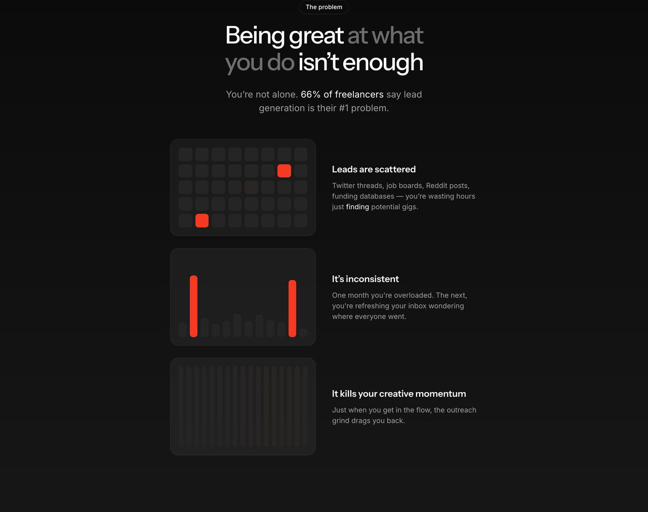 A dark, clinical problem section pairing restrained abstract visual cards with stark typography.