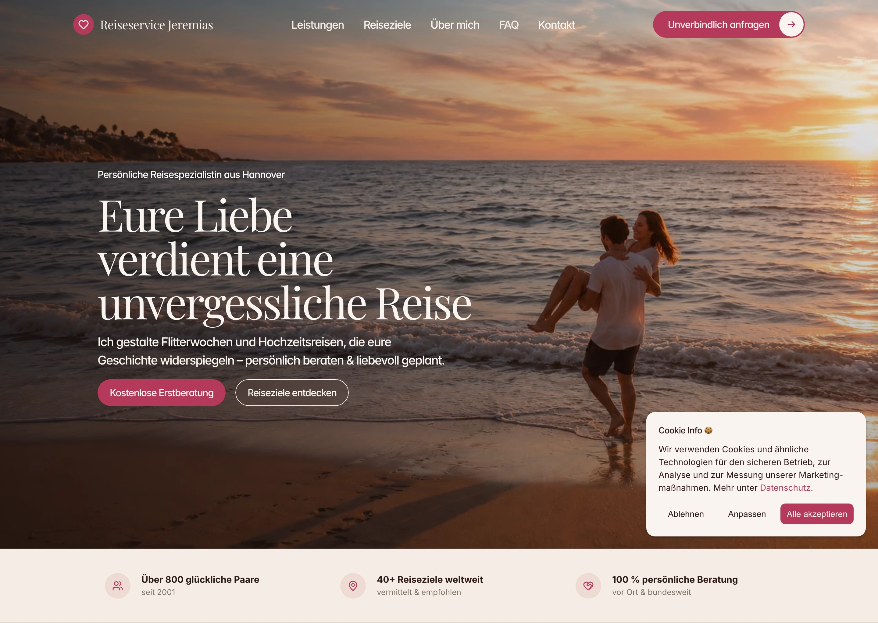 Warm, romantic hero featuring sunset beach photography with refined serif typography and earthy berry accents.