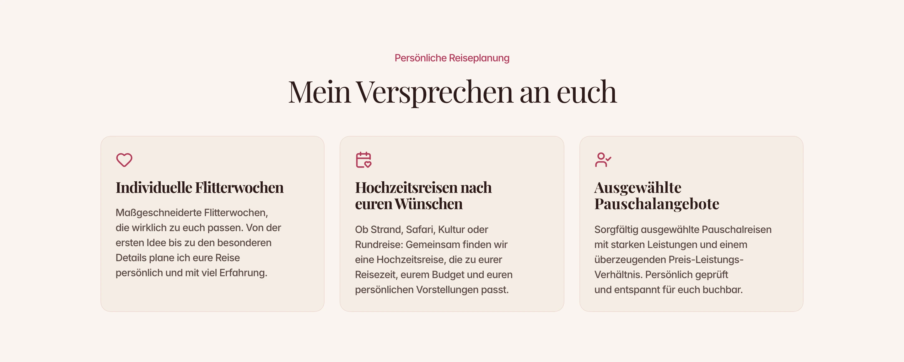 Soft, warm cards with romantic serif typography and delicate icon accents present personal honeymoon planning services in a clean three-column layout.