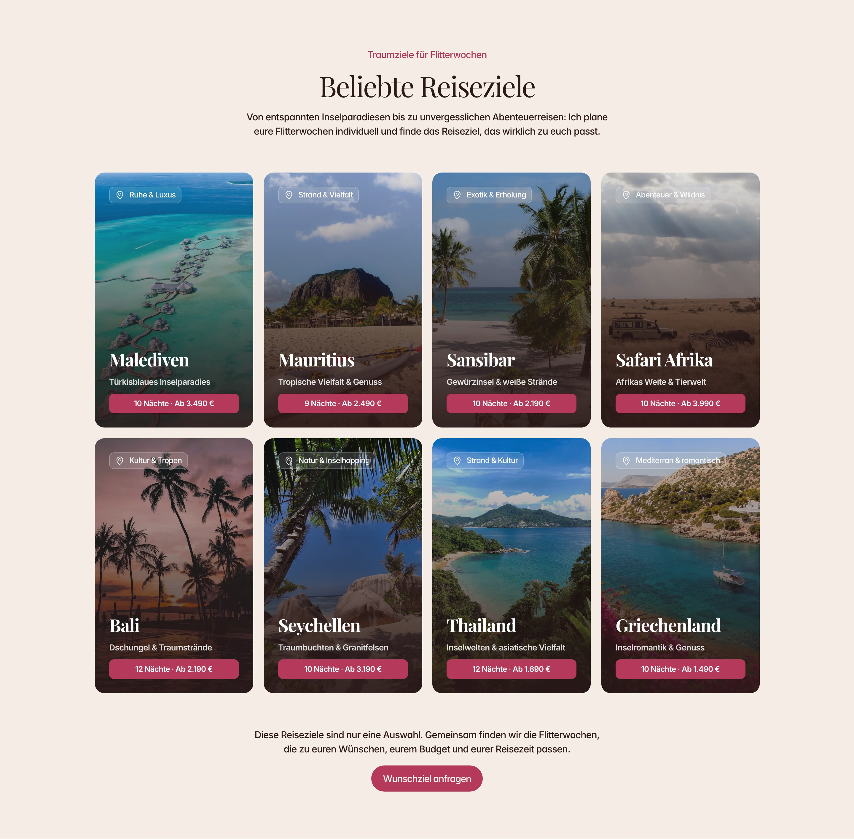 Warm and romantic honeymoon destination showcase featuring an elegant grid of tall photographic cards with refined serif typography and berry accents.