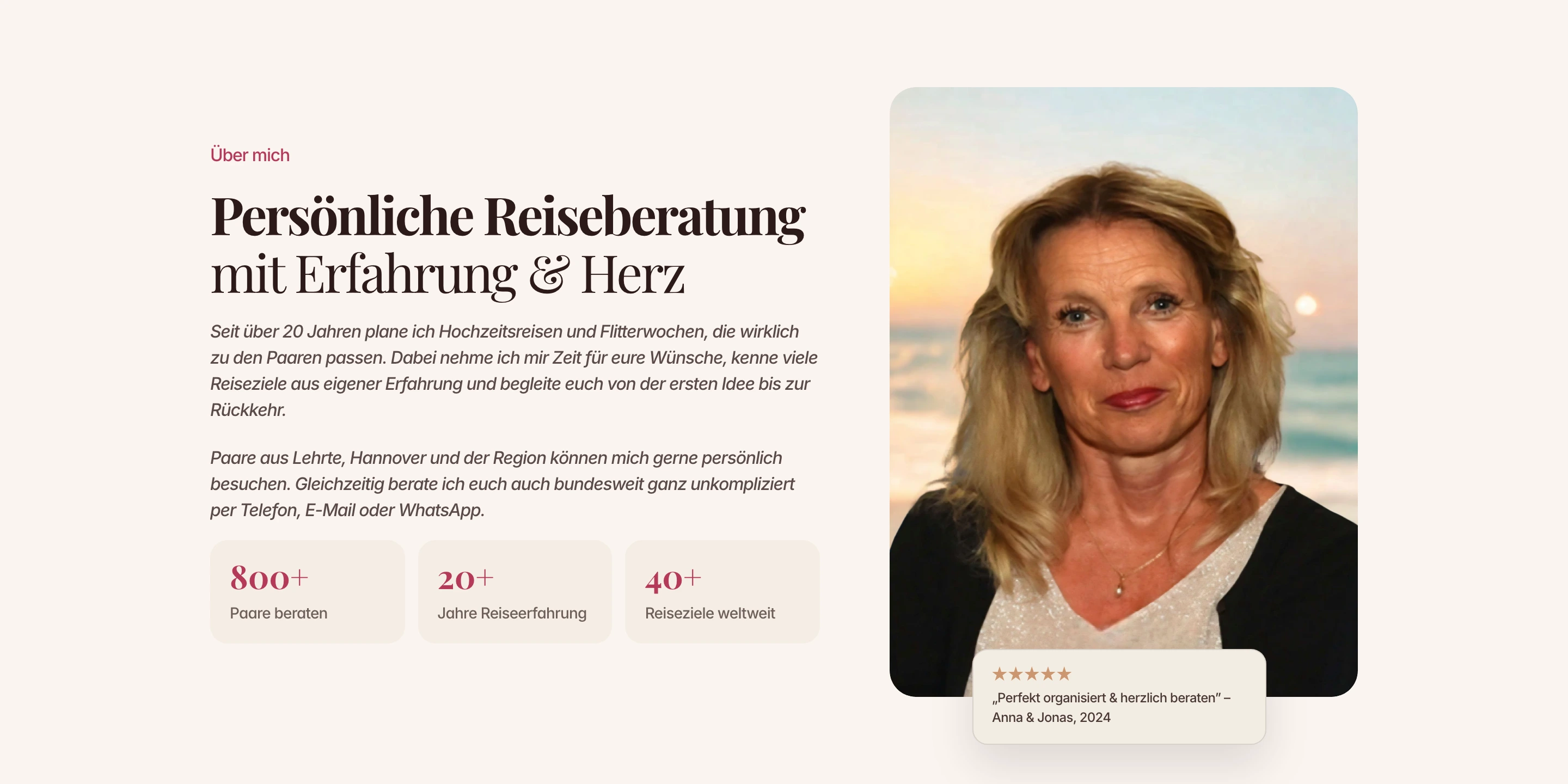 Warm personal bio section pairing soft cream tones and elegant serifs with portrait photography and trust stats.