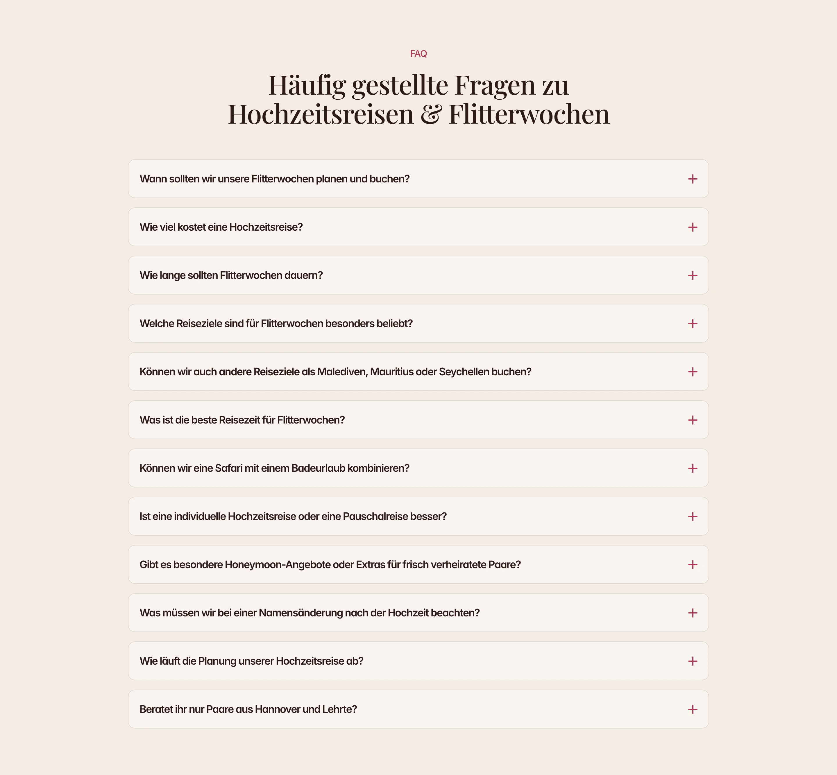 An elegant, warm-toned FAQ section with soft cream cards and classic editorial serif typography tailored for wedding travel.