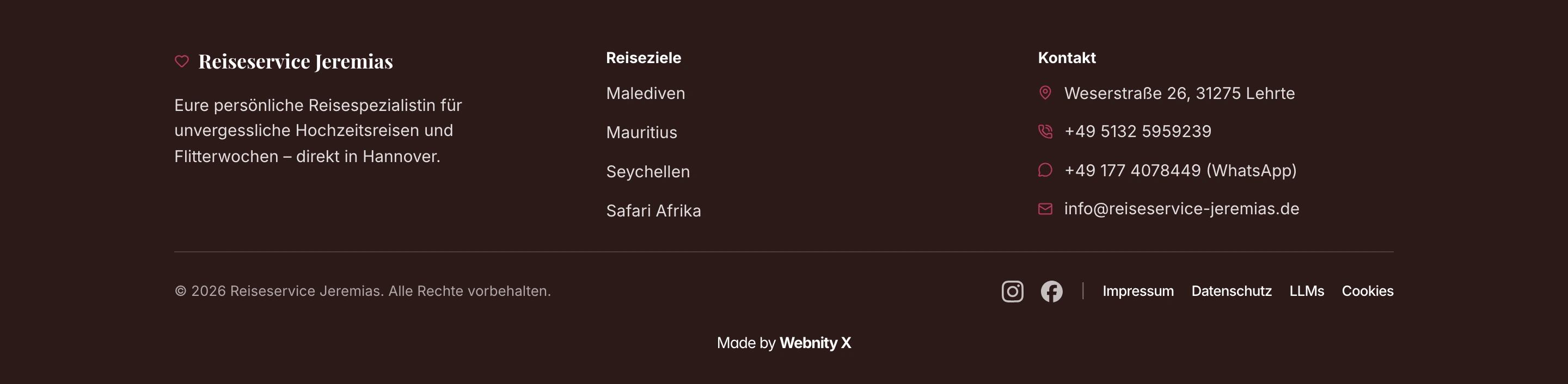 A refined dark chocolate footer pairing soft romantic typography with a clean three-column layout for travel services.