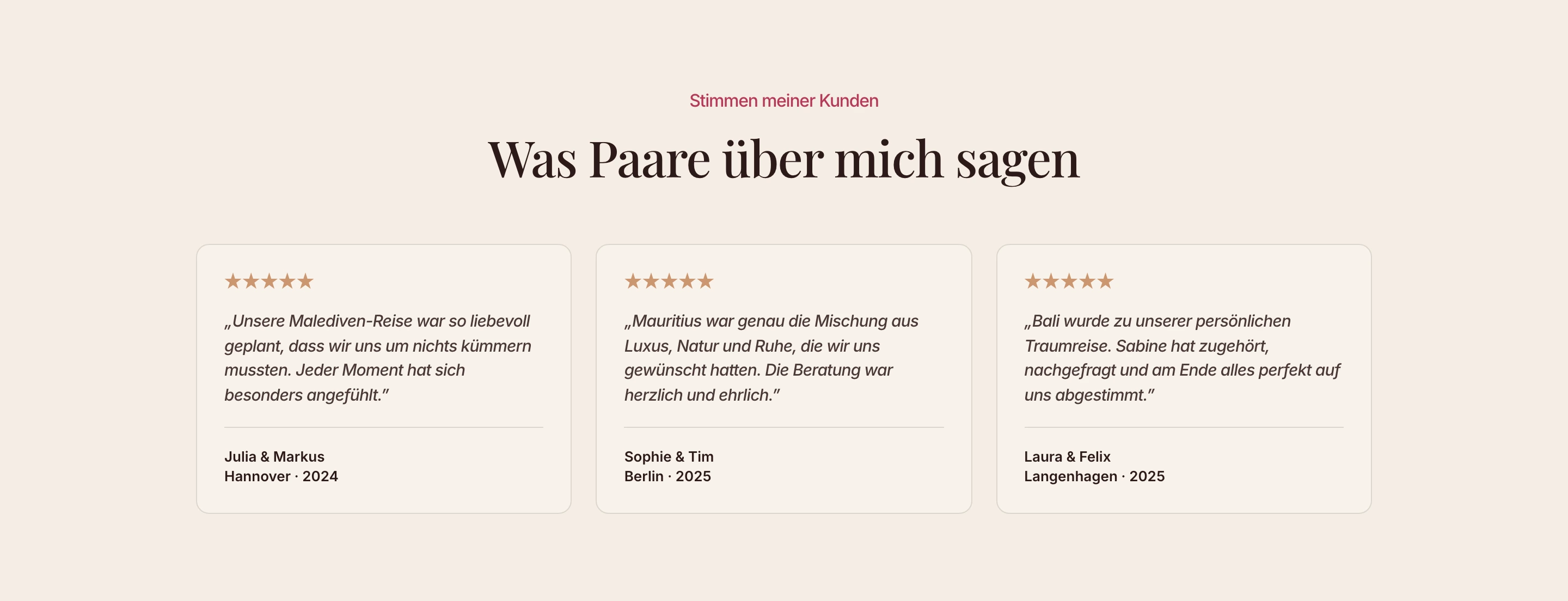 A warm, gentle testimonial section featuring three rounded review cards set against a soft cream backdrop with elegant serif headlines.