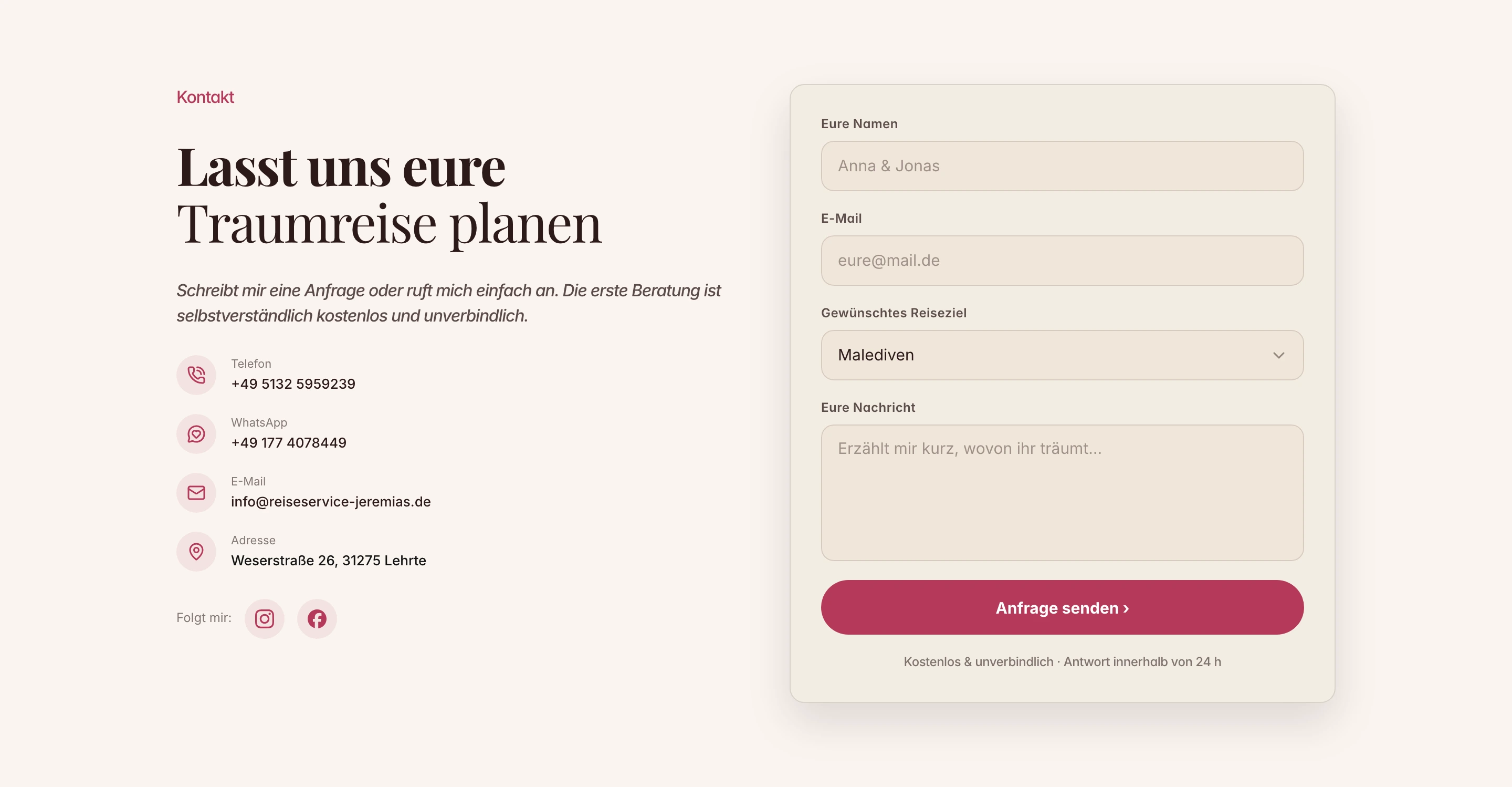 A warm and inviting split contact section with an elegant serif headline, soft cream card, and friendly direct contact details.