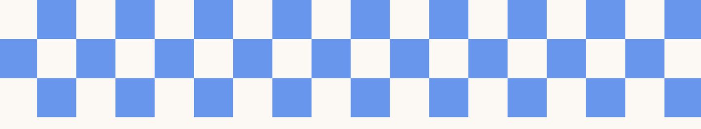 A rhythmic, high-contrast blue and off-white checkerboard band serving as a playful graphic divider.