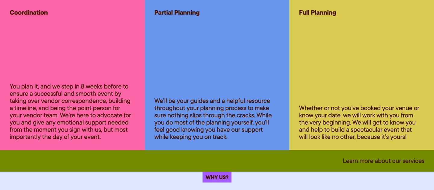 Vibrant tri-color vertical columns create a playful and bold service comparison layout with saturated retro tones.