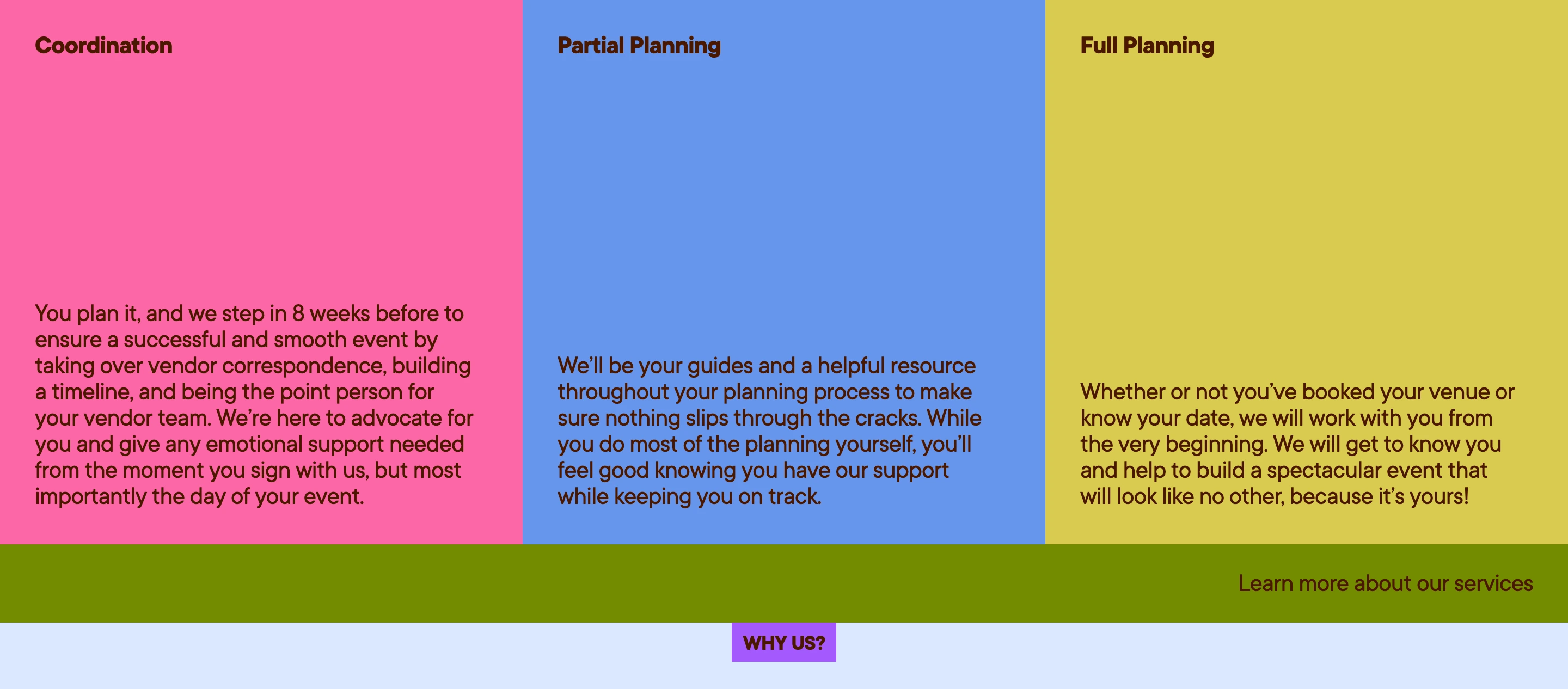 Vibrant tri-color vertical columns create a playful and bold service comparison layout with saturated retro tones.