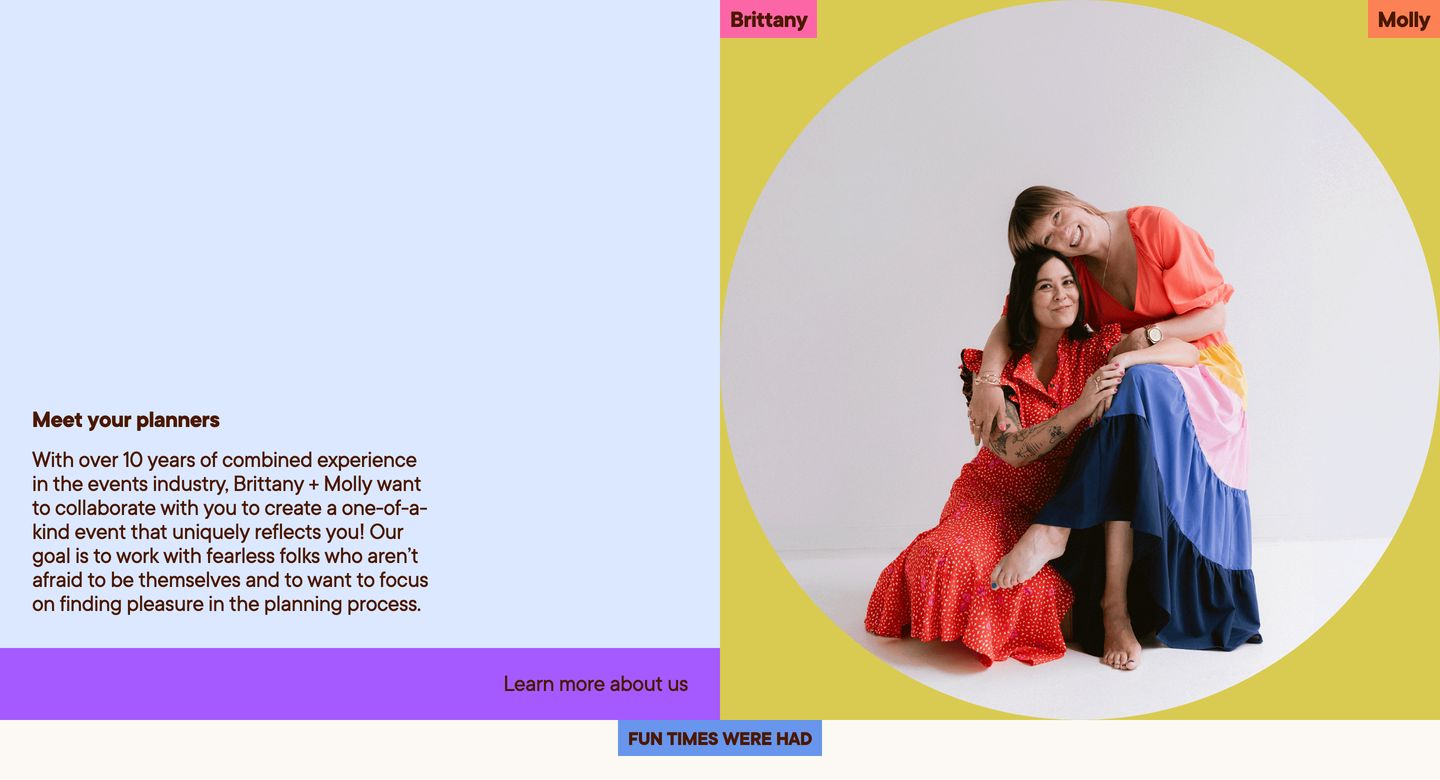 Joyful and eclectic team intro with vibrant color blocking, quirky corner badges, and a circular portrait cutout.