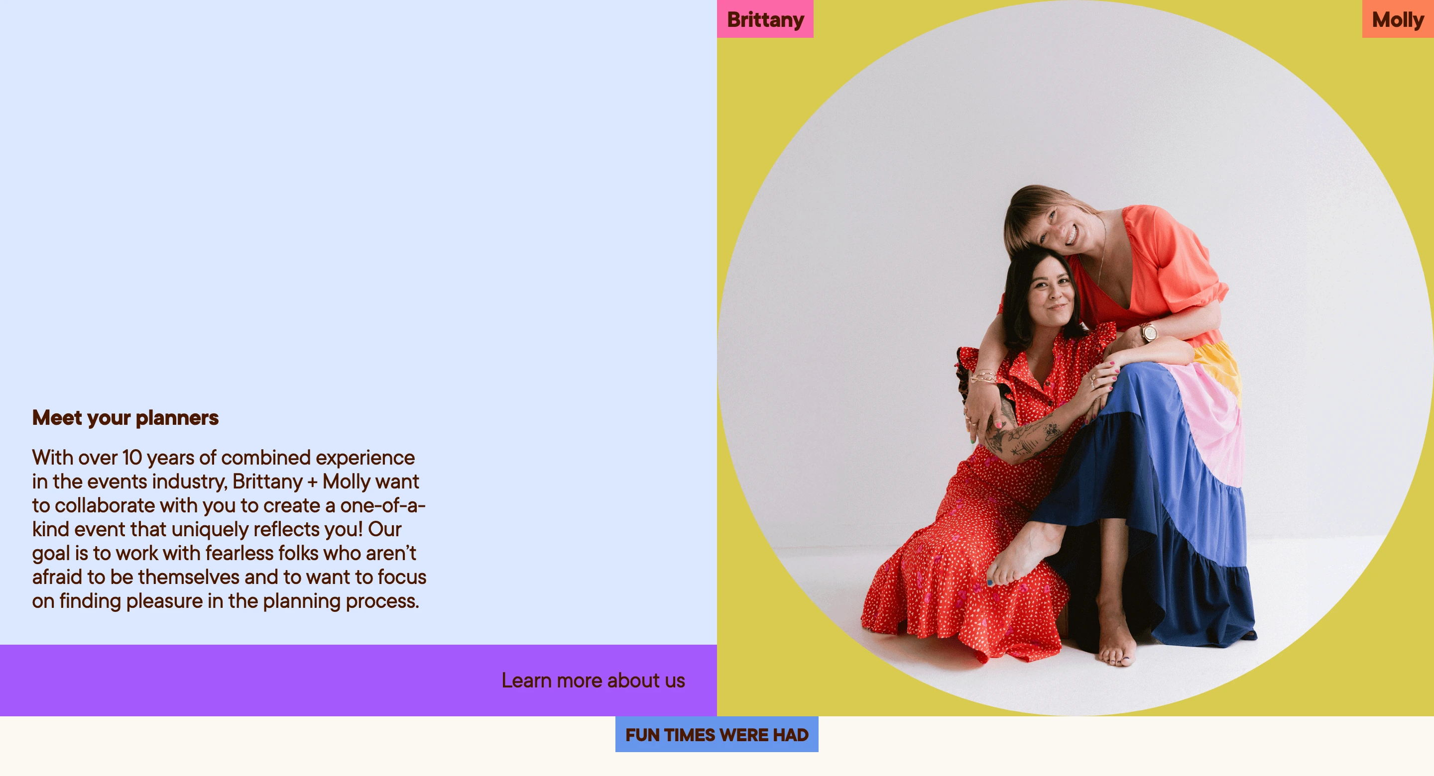 Joyful and eclectic team intro with vibrant color blocking, quirky corner badges, and a circular portrait cutout.