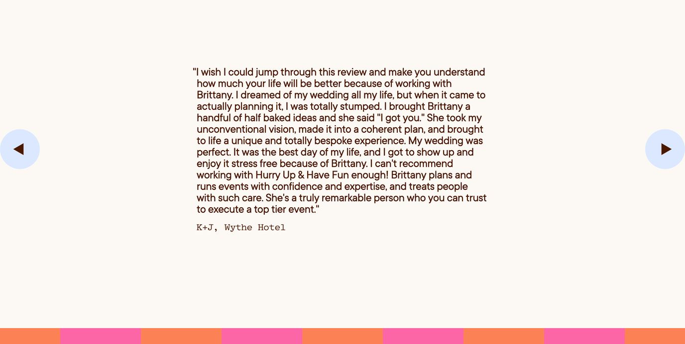 An intimate, text-driven testimonial carousel centered on a warm cream canvas flanked by soft blue circular navigation arrows.