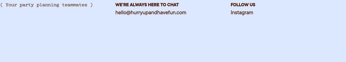 An airy pastel contact strip combining warm brown typography and conversational headings across three clean columns.