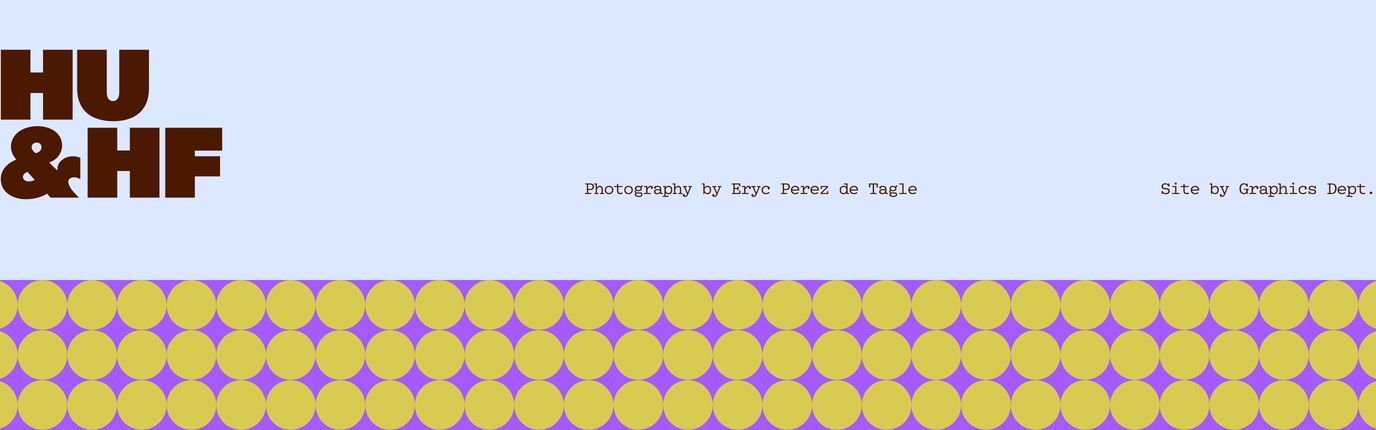Quirky and graphic-heavy footer pairing heavy block lettering and typewriter credits against pastel tones and a halftone dot fringe.
