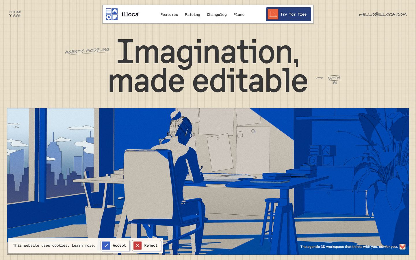 Tactile architectural drafting workspace blending warm graph paper textures, handwritten annotations, and a bold blue risograph-style workspace illustration.