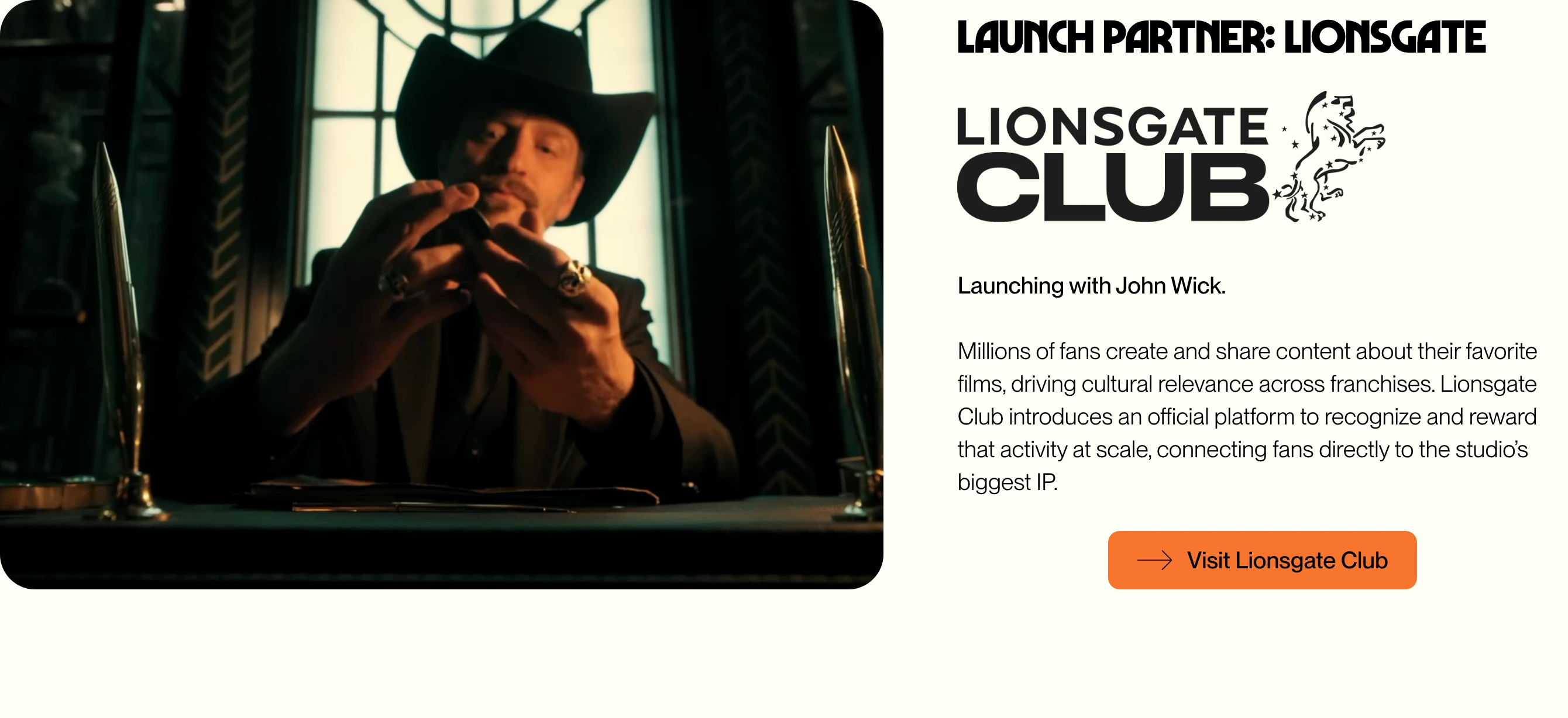 Crisp editorial case study spotlight pairing cinematic video footage with clean typographic branding and a bright orange call to action.