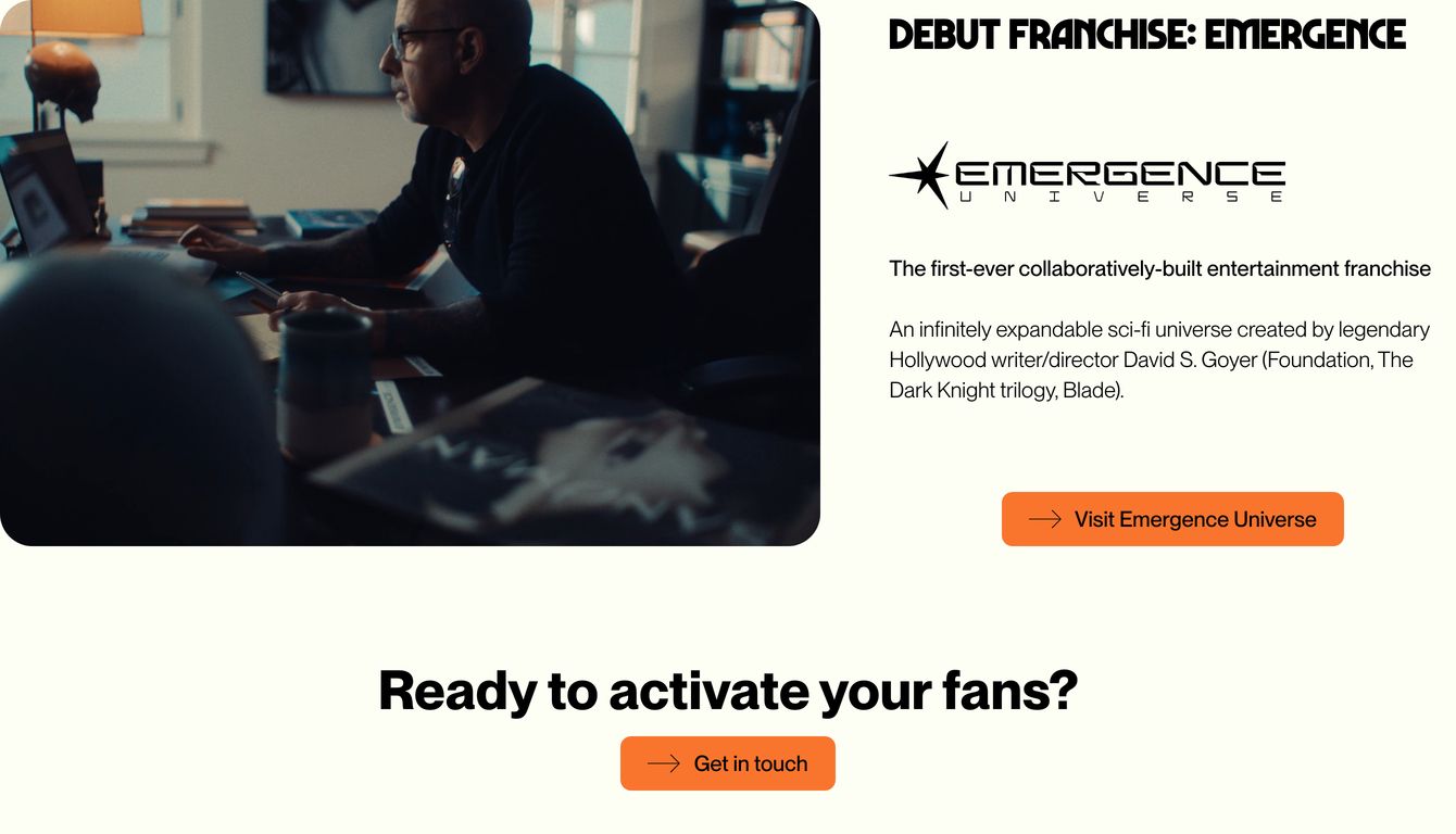 Cinematic entertainment showcase combining moody video imagery with high-contrast typography and vivid orange call-to-action buttons on a warm cream canvas.