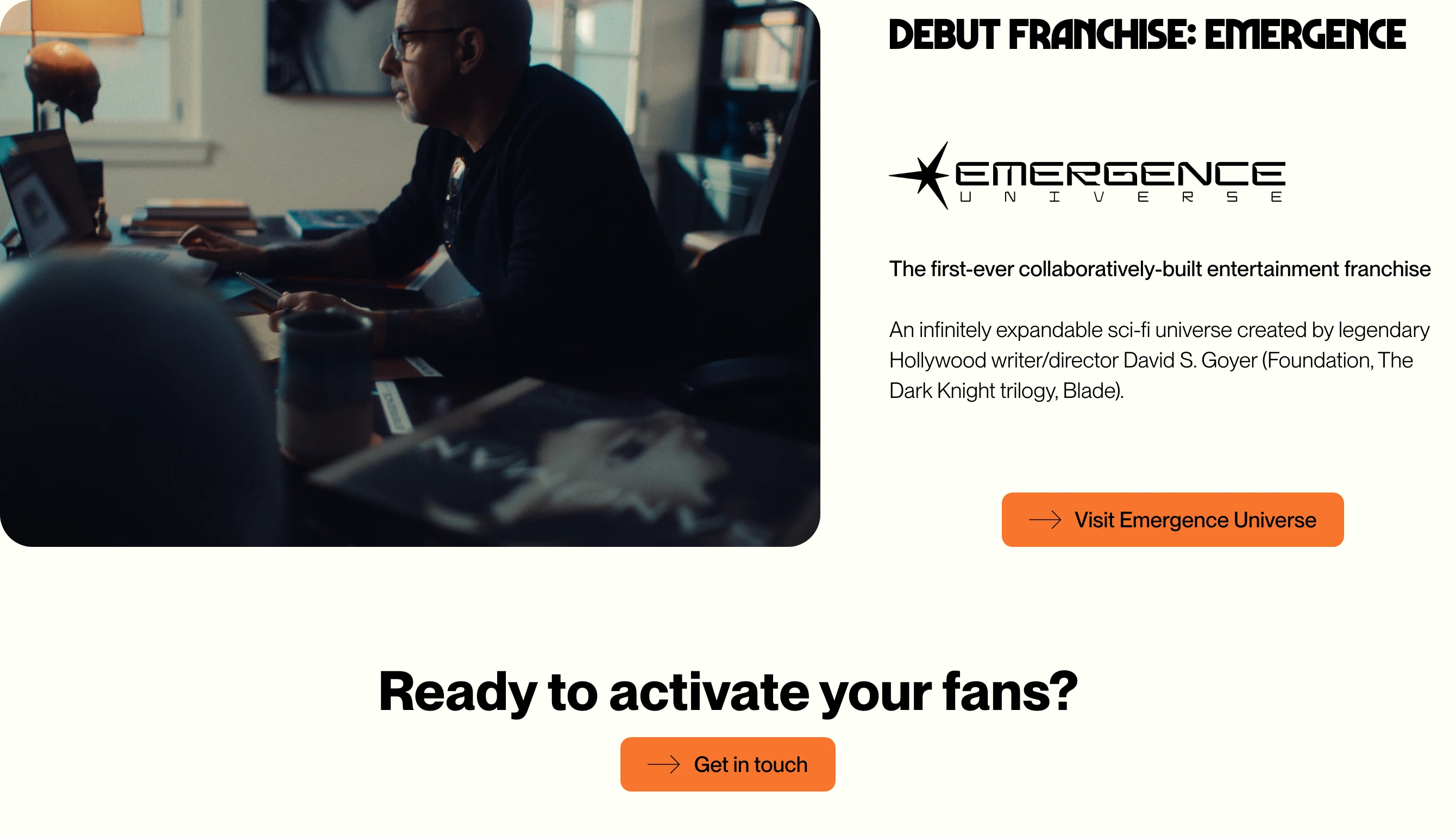 Cinematic entertainment showcase combining moody video imagery with high-contrast typography and vivid orange call-to-action buttons on a warm cream canvas.