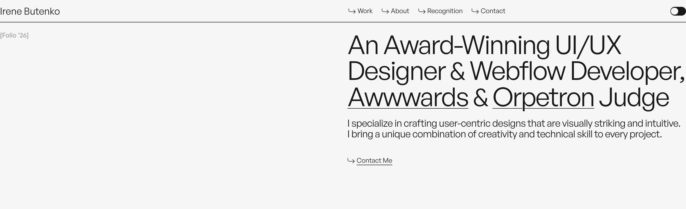 A quiet, highly restrained editorial portfolio intro with crisp typography anchored to the right edge and vast negative space on the left.