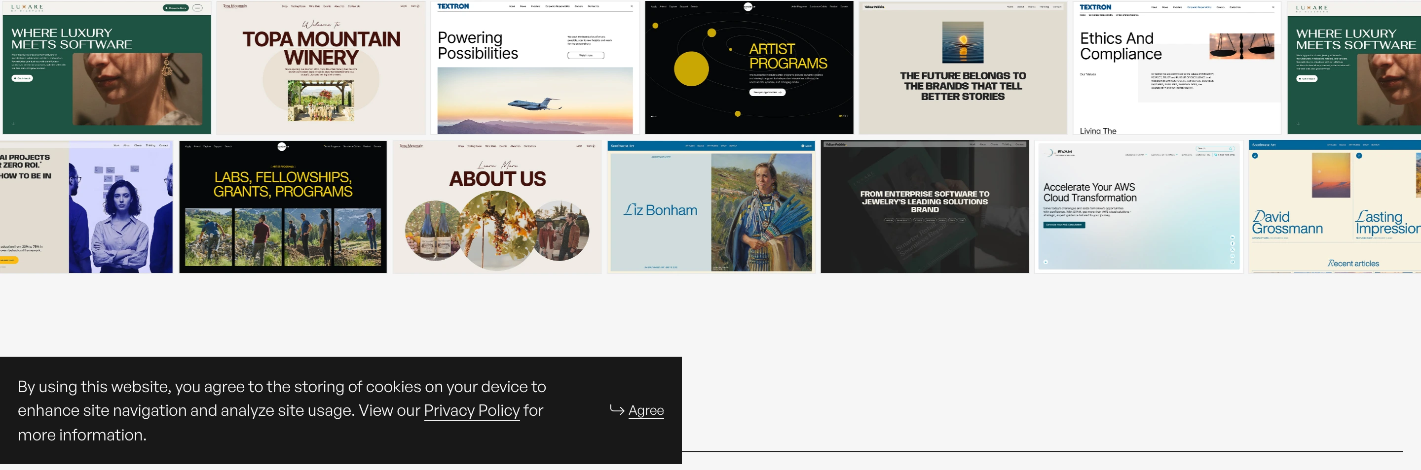 A utilitarian dark cookie consent banner sits grounded against a light backdrop of archived website thumbnails.