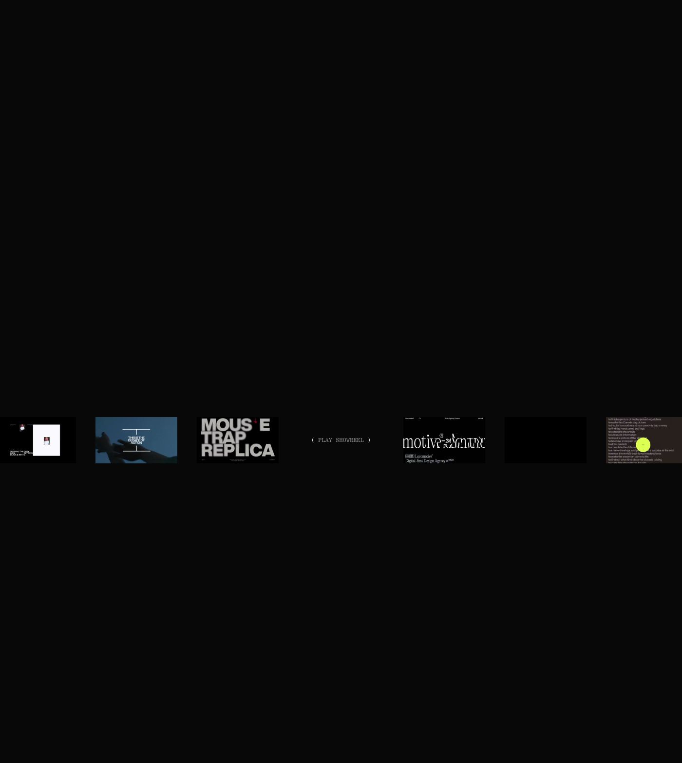 A pitch-black experimental showcase presenting a stark horizontal sequence of eclectic multimedia project previews and typography.