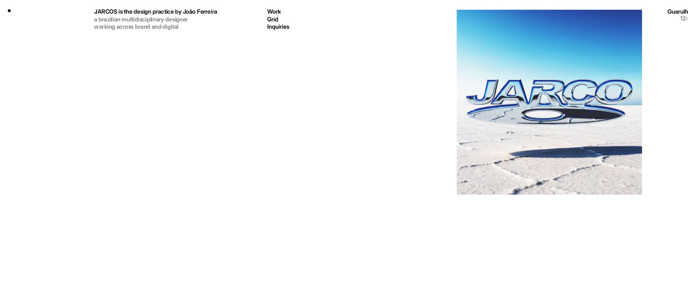 An ultra-sparse, quiet studio header balancing delicate typography against an offset square image of chrome lettering over a desert landscape.